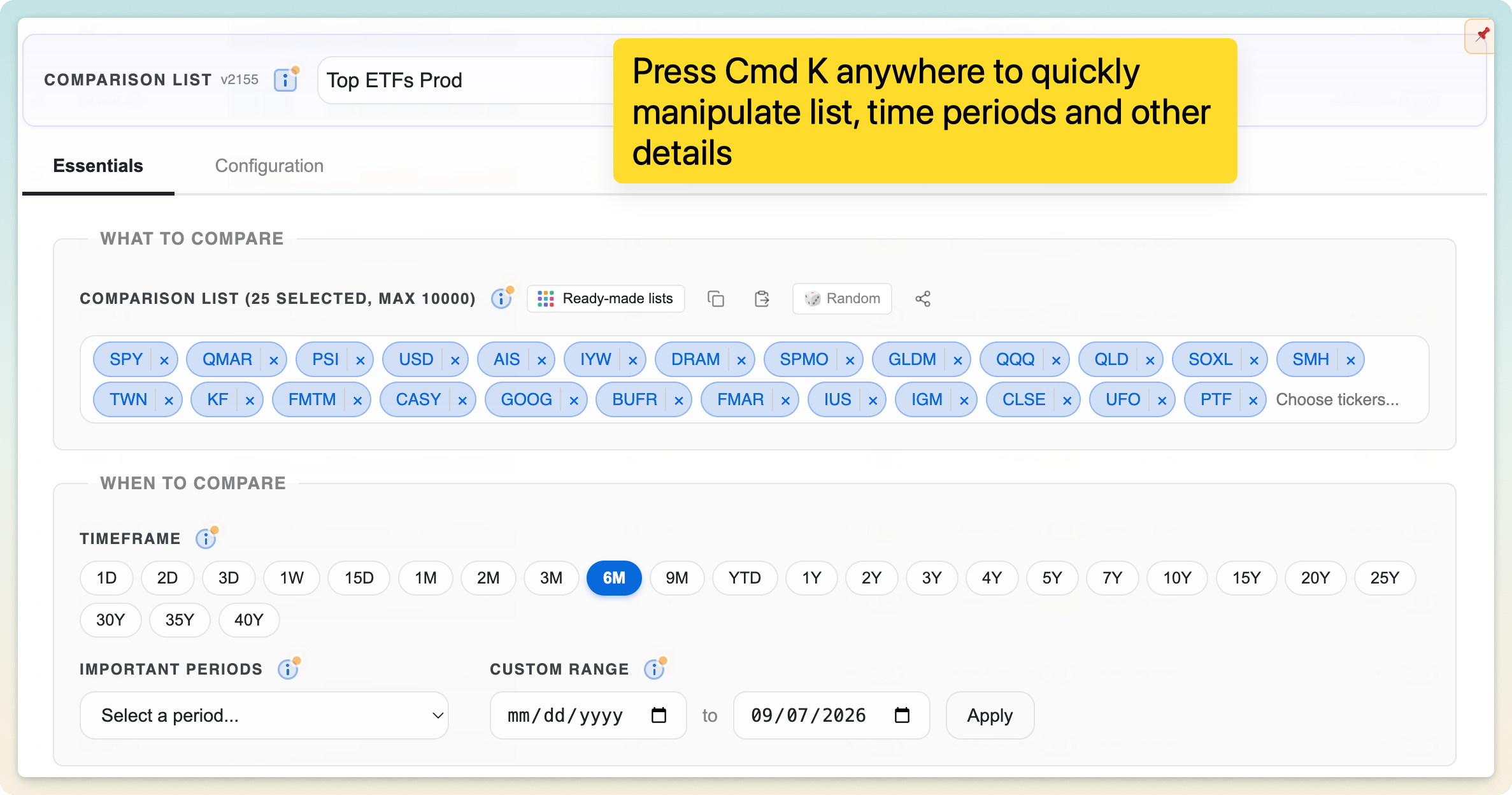Cmd K comparison picker for changing tickers, periods, and settings