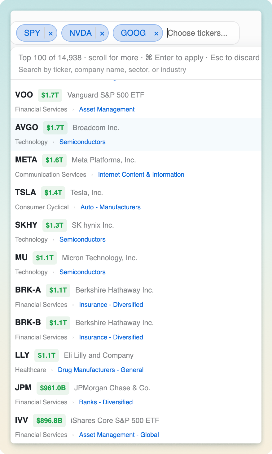 Ticker picker with company, market cap, sector, and industry metadata